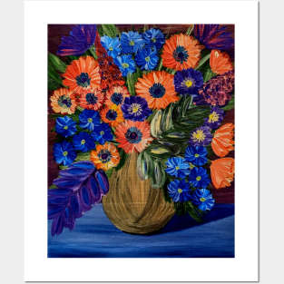 Bright and colorful abstract flowers in a bronze and purple vase Posters and Art